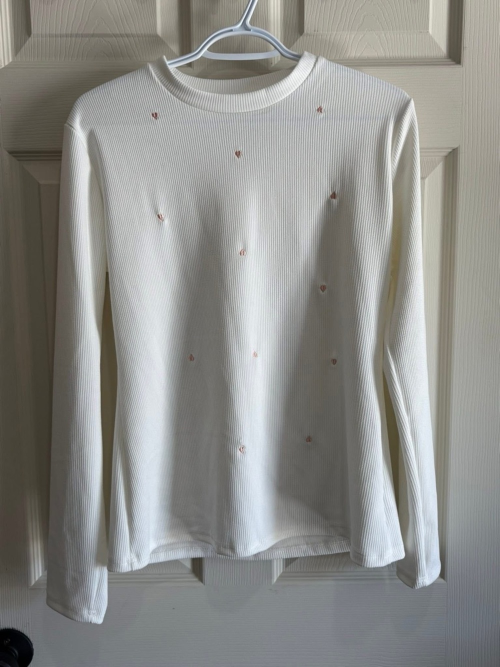 Women's Long Sleeve Ribbed Tee with Subtle Embroidered Hearts - White